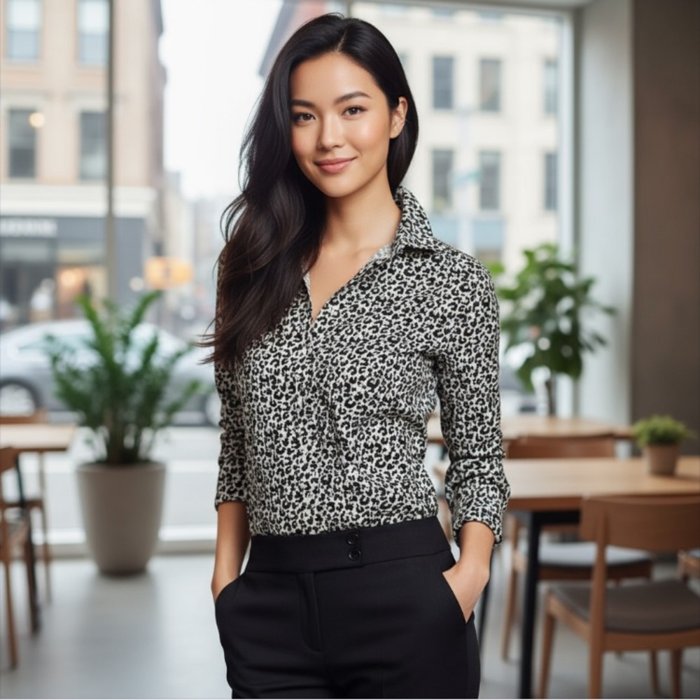 NWT Talbots Snow Leopard Classic Cotton Poplin Button Up Front Shirt Size PS…